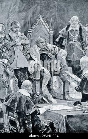 La didascalia dei primi anni '1900 recita: "CROMWELL PRESTÒ GIURAMENTO COME Signore PROTETTORE. - Dopo il rovesciamento dei realisti, Cromwell, sostenuto dai suoi soldati, divenne l'unica figura oscura tra i puritani. Conquistò sia la terra scozzese che l'Irlanda. Conquistò il Parlamento stesso, cacciando i membri e convocando un nuovo Parlamento composto solo da uomini scelti da lui stesso. Questo corpo sottomesso gli conferì il titolo di protettore d'Inghilterra, Irlanda e Scozia. L'ufficio doveva essere il suo per tutta la vita, e quando la menzogna era stata formalmente inaugurata (1653) Lie era il re d'Inghilterra in tutto tranne il nome. Foto Stock