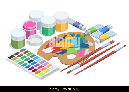 Strumenti di pittura isometrici, set vettoriale, accessori artistici, guazzo, molti pennelli, tubi di pittura, pennelli, matita, acquerello e tavolozza Illustrazione Vettoriale