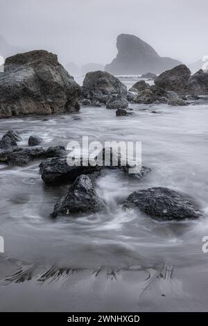 Un litorale roccioso con una grande roccia in lontananza. L'acqua è calma e il cielo è coperto Foto Stock