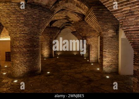 Seminterrato del palazzo Palau Güell progettato da Antoni Gaudí. Era stato usato come stalla e cavalleria (Barcellona, Catalogna, Spagna) Foto Stock