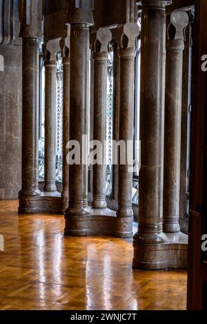 Finestre e colonne con archi parabolici al piano principale del palazzo Palau Güell, opera progettata da Antoni Gaudí (Barcellona, Catalogna, Spagna) Foto Stock