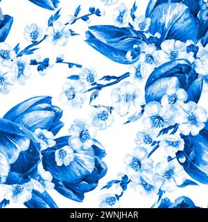 Tulipani blu e fiori primaverili. Motivo acquerello senza cuciture disegnato a mano isolato su sfondo bianco Foto Stock