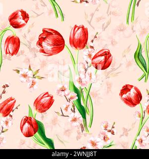 Tulipani rossi e fiori primaverili. Motivo senza cuciture ad acquerello disegnato a mano Foto Stock