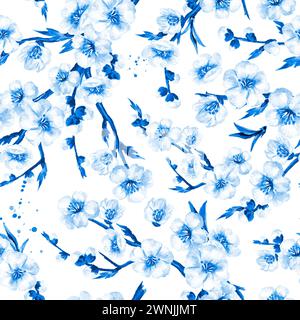 Fiori in fiore blu primavera. Disegno ad acquerello a mano con motivo senza cuciture isolato su sfondo bianco Foto Stock