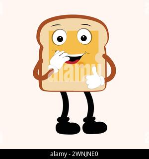 Happy Bread Slice Cartoon Mascot character, Funny Sandwich Cartoon Vintage Pane Character retro Style Pane Logo illustrazione vettoriale anni '60 anni '70 Illustrazione Vettoriale