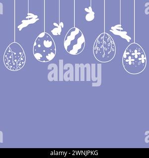 Cartolina di Pasqua con ghirlanda di uova e coniglietti d'epoca su sfondo blu con posto per il testo. Illustrazione Vettoriale