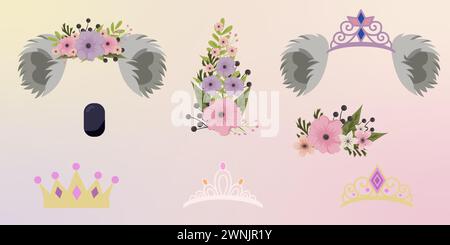 Gli elementi del volto di Koala impostano le orecchie del disegno piatto del cartone animato e le illustrazioni vettoriali del naso isolate. Filtro per maschera orecchie Koala con corona floreale. Illustrazione Vettoriale