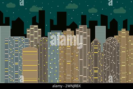 Paesaggio urbano notturno. Vista sulla strada con paesaggio urbano, grattacieli ed edifici moderni nelle giornate di sole. Spazio urbano in stile piatto sullo sfondo. Illustrazione Vettoriale