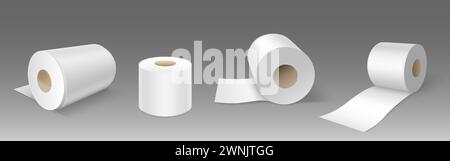 Set 3D di rotoli di carta igienica isolati su sfondo grigio. Illustrazione vettoriale realistica di asciugamani da cucina, mockup a scorrimento per registratore di cassa, igiene Illustrazione Vettoriale