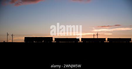 DB CARGO Rail UK locomotiva diesel classe 66 66201 passando per Forton, lancashire, sulla linea principale della costa occidentale con un treno merci che trasporta calce al tramonto Foto Stock