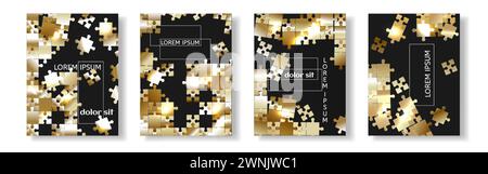 Design del volantino, presentazione della copertina del volantino sfondo piatto astratto, modelli di copertina del libro, immagine del puzzle nero. Layout in formato A4. Vettore. Illustrazione Vettoriale