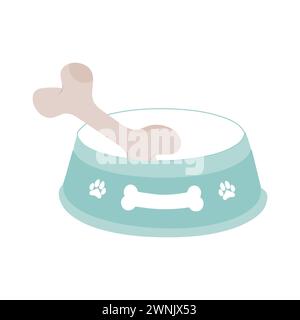 Ciotola per cani con icona a forma di osso piatta, ciotola per animali con osso e silhouette nera. Ciotola per gatto o cane per ciottoli e acqua. Illustrazione Vettoriale