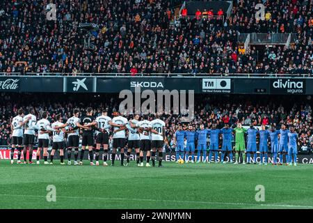 Valencia, Espagne. 3 marzo 2024. Illustrazione di un minuto di silenzio durante la partita di calcio della Liga spagnola tra Valencia CF e Real Madrid CF del 2 marzo 2024 allo stadio Mestalla di Valencia, Spagna - foto Alexandre Martins/DPPI credito: DPPI Media/Alamy Live News Foto Stock