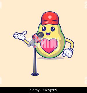 Carino Avocado parla con Un microfono Mascotte personaggio Vector icona illustrazione Illustrazione Vettoriale