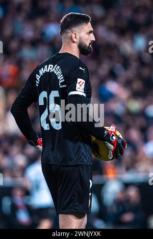 Valencia, Espagne. 3 marzo 2024. Giorgi Mamardashvili di Valencia durante la partita di campionato spagnolo di Liga tra Valencia CF e Real Madrid CF il 2 marzo 2024 allo stadio Mestalla di Valencia, Spagna - foto Alexandre Martins/DPPI credito: DPPI Media/Alamy Live News Foto Stock