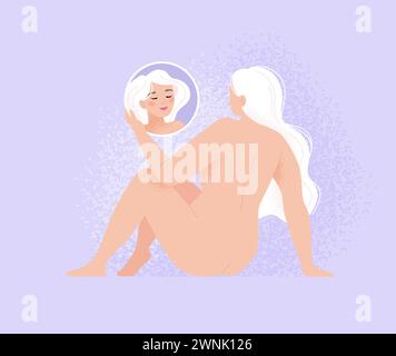 Bella donna felice che guarda al suo riflesso specchio. Concetto di autoamore e accettazione. Illustrazione vettoriale in stile piatto Illustrazione Vettoriale