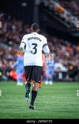 Valencia, Espagne. 3 marzo 2024. Cristhian Mosquera di Valencia durante la partita di campionato spagnolo di Liga tra Valencia CF e Real Madrid CF il 2 marzo 2024 allo stadio Mestalla di Valencia, Spagna - foto Alexandre Martins/DPPI Credit: DPPI Media/Alamy Live News Foto Stock