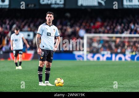 Valencia, Espagne. 3 marzo 2024. Hugo duro di Valencia durante la partita di campionato spagnolo di Liga tra Valencia CF e Real Madrid CF il 2 marzo 2024 allo stadio Mestalla di Valencia, Spagna - foto Alexandre Martins/DPPI credito: DPPI Media/Alamy Live News Foto Stock