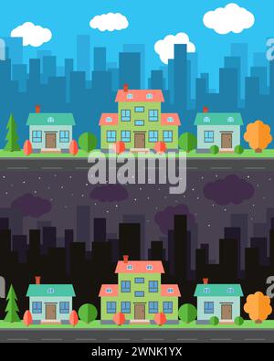 Città vettoriale con case di cartone animato ed edifici di giorno e di notte. Paesaggio urbano estivo. Vista sulla strada con paesaggio urbano sullo sfondo Illustrazione Vettoriale