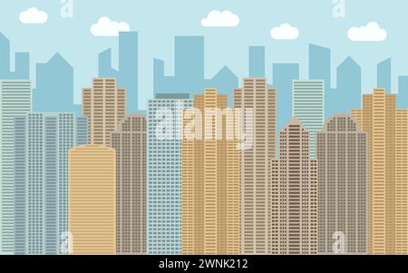 Illustrazione del paesaggio urbano vettoriale. Vista sulla strada con paesaggio urbano, grattacieli ed edifici moderni nelle giornate di sole. Spazio urbano con sfondo piatto Illustrazione Vettoriale