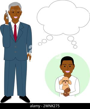 Uomo nero anziano con un cellulare, sfondo bianco. Illustrazione Vettoriale