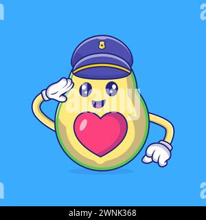 Carino agente di polizia Avocado che saluta il personaggio Vector Icon Illustration Illustrazione Vettoriale