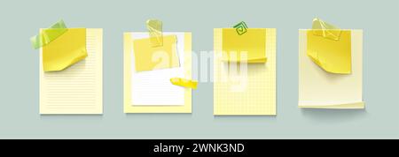 Carta adesiva per appunti attaccata con nastro adesivo e graffetta. Set di mockup vettoriale realistico di fogli vuoti per notebook con linee, punti e scacchi Illustrazione Vettoriale