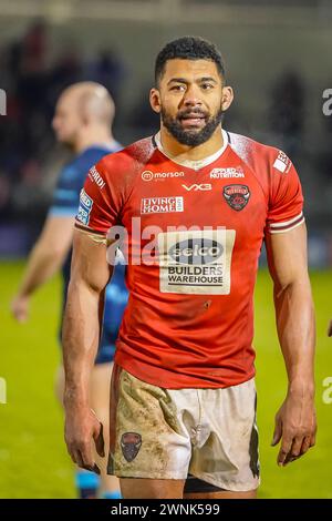 Kallum Watkins dopo la partita. Salford Red Devils vs Hull KR, sabato 2 marzo 2024. Salford Community Stadium. Crediti: James Giblin/Alamy Live News Foto Stock