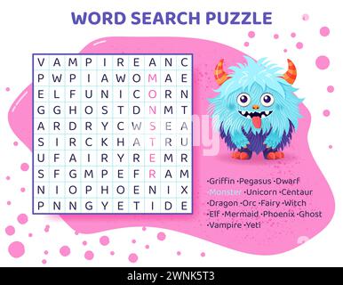 Puzzle di ricerca per parole per bambini con animali mitici. Illustrazione Vettoriale