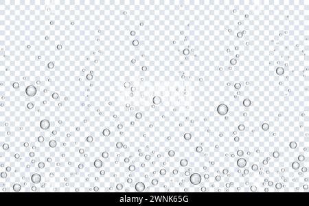 Bolle d'acqua. Scintille subacquee su sfondo trasparente. Acqua frizzante realistica. Modello Fizzy Air. Effetto bolle di ossigeno. Acquario o bibita analcolica Illustrazione Vettoriale