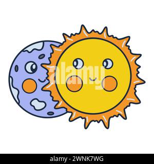 Eclissi lunare, fase iniziale. Illustrazione vettoriale colorata isolata disegnata a mano. Icona o scheda, clip art con contorno. Sole e luna felici Illustrazione Vettoriale