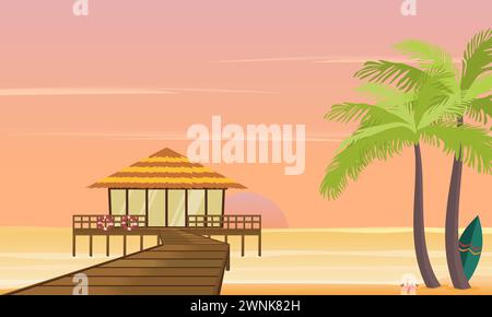 Baita o bungalow sulla spiaggia di un resort sull'isola tropicale con ponte di legno al tramonto. Illustrazione vettoriale. Illustrazione Vettoriale