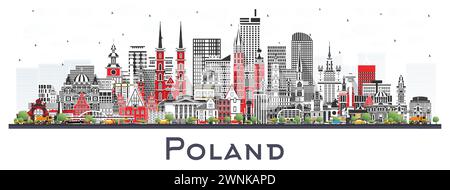 Skyline della città di Polonia con edifici grigi isolati sul bianco. Illustrazione vettoriale. Concetto con architettura moderna. Paesaggio urbano della Polonia con monumenti storici. Illustrazione Vettoriale