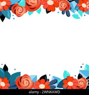 Cornice quadrata vettoriale di fiori disegnati a mano per parole e testo. Vignetta blu rossa isolata con camomilla e rose per design, fumetti e striscioni piatti Illustrazione Vettoriale