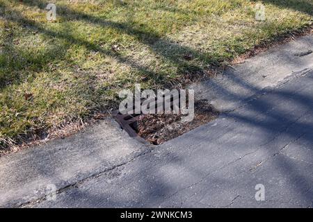 Lo scarico delle fognature lungo la strada è ostruito da detriti con un prato erboso e una strada asfaltata visibili. Foto Stock