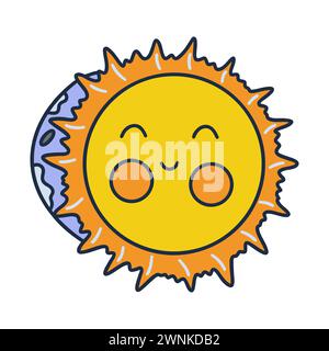 Eclissi lunare parziale. Illustrazione vettoriale colorata isolata disegnata a mano. Icona o scheda, clip art con contorno. Il sole felice sorride Illustrazione Vettoriale