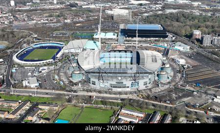 Vista aerea dello stadio Etihad in vista della partita di Premier League Manchester City vs Manchester United all'Etihad Stadium, Manchester, Regno Unito, 3 marzo 2024 (foto di Mark Cosgrove/News Images) Foto Stock