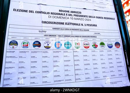 Abruzzo, Italia: Manifesti elettorali per le ELEZIONI regionali IN ABRUZZO del 10 marzo 2024 - candidati e simboli dei partiti politici Foto Stock