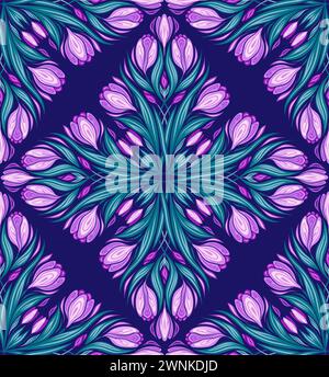 Motivo caleidoscopio vettoriale senza cuciture con croci. Design della superficie con fiori decorativi a molla su sfondo viola. Texture floreale Illustrazione Vettoriale
