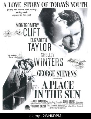1951 Un posto nella pubblicità a stampa di poster della pellicola Sun. Con Elizabeth Taylor Montgomery Clift, diretto da George Stevens Foto Stock
