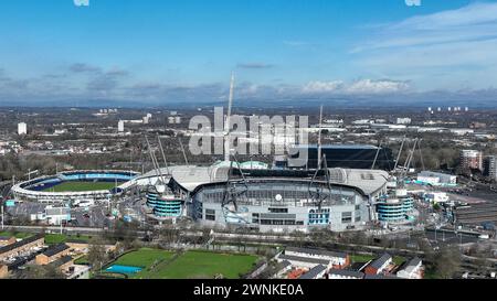 Vista aerea dello stadio Etihad in vista della partita di Premier League Manchester City vs Manchester United all'Etihad Stadium, Manchester, Regno Unito, 3 marzo 2024 (foto di Mark Cosgrove/News Images) Foto Stock