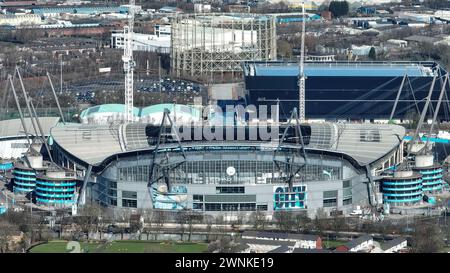 Vista aerea dello stadio Etihad in vista della partita di Premier League Manchester City vs Manchester United all'Etihad Stadium, Manchester, Regno Unito, 3 marzo 2024 (foto di Mark Cosgrove/News Images) Foto Stock