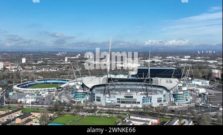 Vista aerea dello stadio Etihad in vista della partita di Premier League Manchester City vs Manchester United all'Etihad Stadium, Manchester, Regno Unito, 3 marzo 2024 (foto di Mark Cosgrove/News Images) Foto Stock