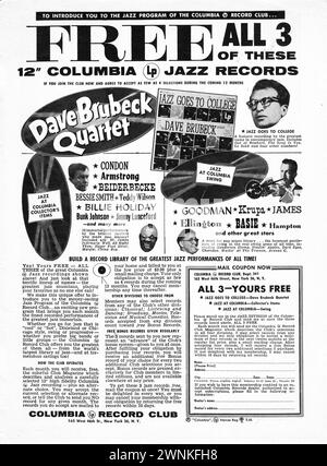 Un annuncio di una rivista musicale del 1956 per il Columbia Jazz record Club che offre 3 LP jazz gratuiti se hai accettato di acquistare 4 LP nel corso dell'anno successivo, probabilmente a prezzo pieno. Le stelle raffigurate includono Dave Brubeck, Harry James, Louis Armstrong e altri. Foto Stock