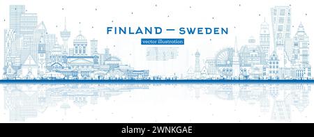 Delinea lo skyline di Finlandia e Svezia con edifici e riflessi blu. Luoghi di interesse famosi. Illustrazione vettoriale. Svezia e Finlandia. Illustrazione Vettoriale