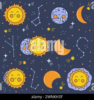 Eclissi lunare. Fasi di inizio dell'eclissi lunare. Cielo notturno con stelle e costellazioni. Illustrazione vettoriale colorata disegnata a mano. Backgrou blu Illustrazione Vettoriale