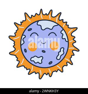 Eclissi solare completa. Illustrazione vettoriale colorata isolata disegnata a mano. Luna sorridente carina. Icona o scheda, stampa clip art con contorno Illustrazione Vettoriale