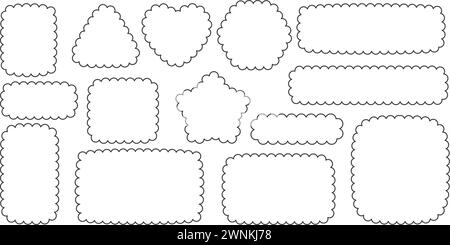 Bordo e cornice del bordo di capesante. Cerchio quadrato e forma rettangolare. Mascherina vettoriale in pizzo. Etichetta semplice e carina. Delinea la collezione decorativa Illustrazione Vettoriale