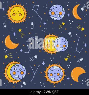 Eclissi solare. Fasi di inizio dell'eclissi solare. Cielo notturno con stelle e costellazioni. Illustrazione vettoriale colorata disegnata a mano. Sfondo blu Illustrazione Vettoriale