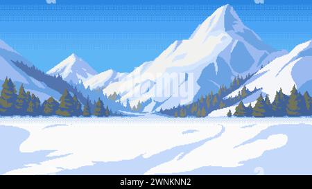 Pixel art invernale, paesaggio montano in stile videoludico retrò a 8 bit. Sfondo trasparente vettoriale Illustrazione Vettoriale